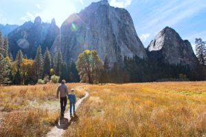 A father and son hiking a Yosemite valley.